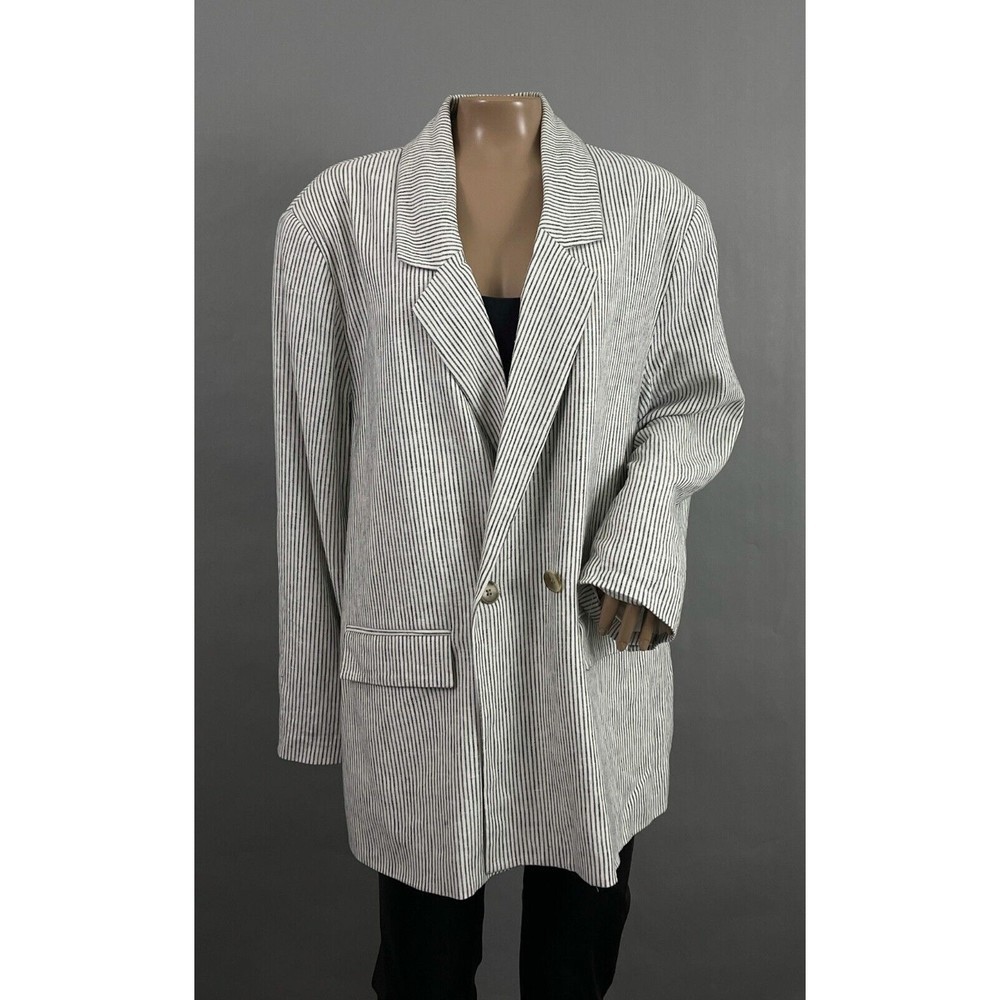 Old Navy Blazer XL Women Gray Pinstripe Double Breasted Linen Blend Business